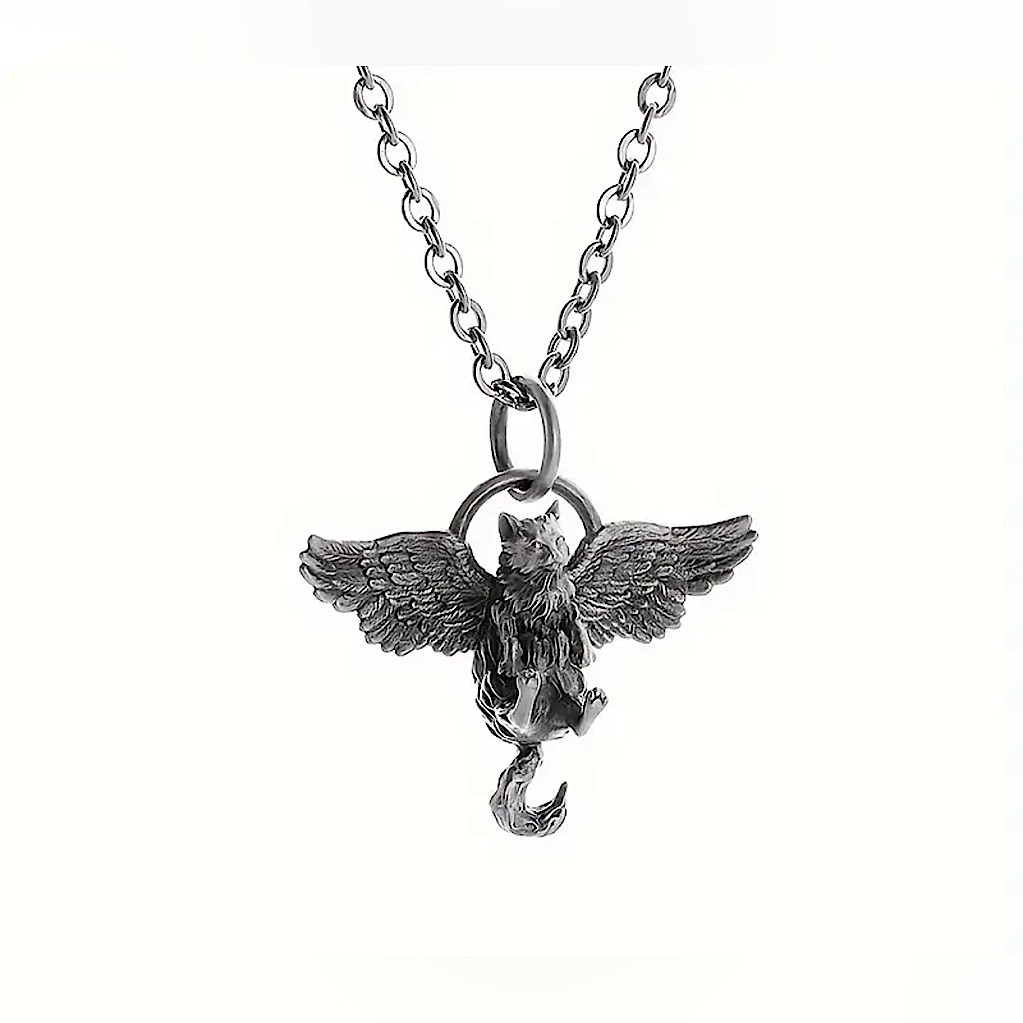 Stainless Steel Silver Tone Cat With Angel Wings Pendant Necklace 28$